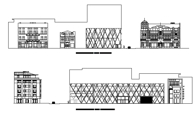 Multi-level bank office building elevation details dwg file