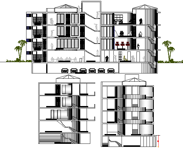 Multi-level city shopping mall elevation and sectional details dwg file