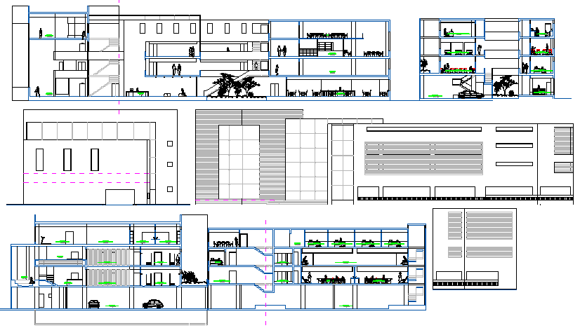 Multi-level cosmetology center elevation and sectional details dwg file