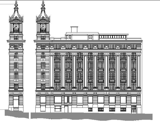 Multi-level government building front elevation view details dwg file