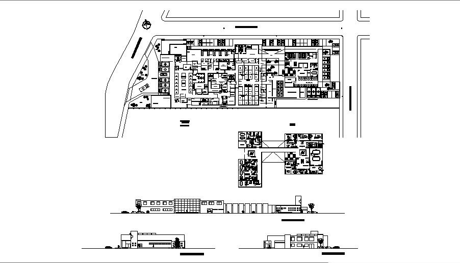 Multi-level hospital all sided elevation and distribution plan details dwg file