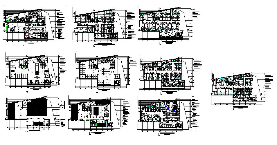Multi-level hospital building floor plan and cover plan details dwg file