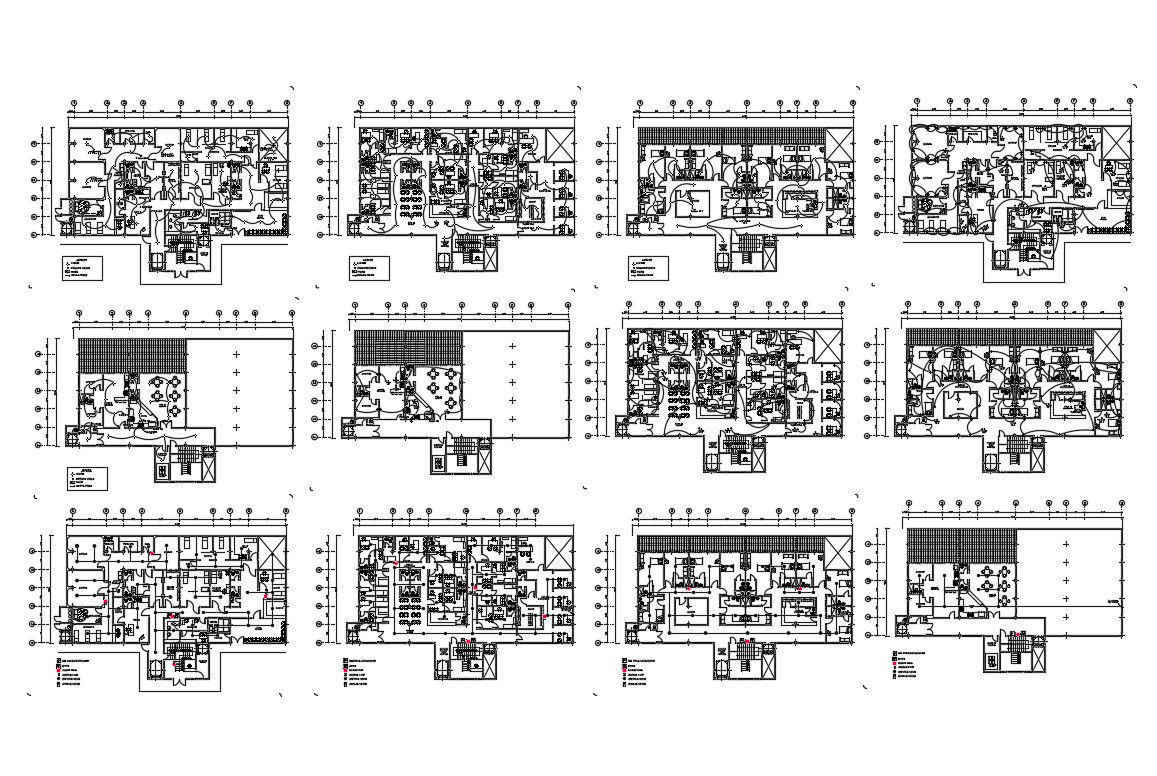Multi-level hospital floor plan and electrical layout plan details dwg file