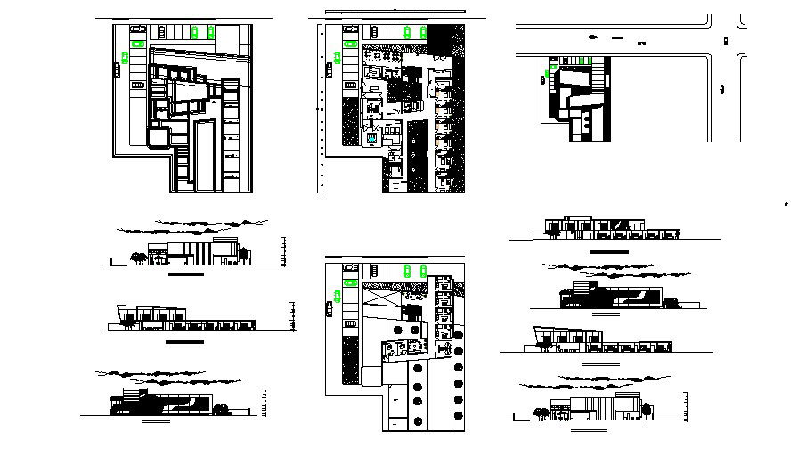 Multi-level hotel elevation, section, floor plan and auto-cad details dwg file