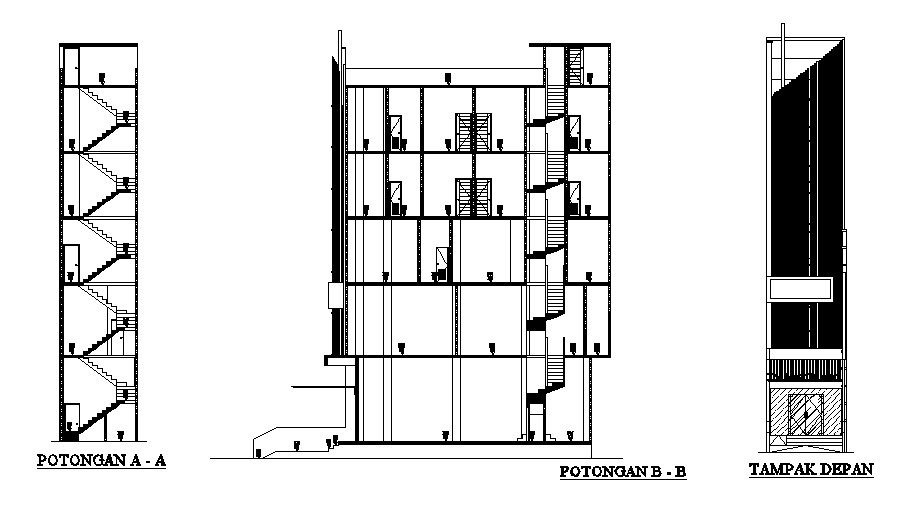 Multi-level house building all sided section and auto-cad details dwg file