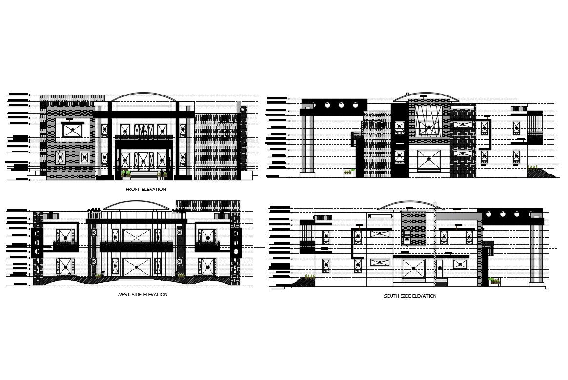 Multi-level multi-housing building all sided elevation cad drawing details dwg file