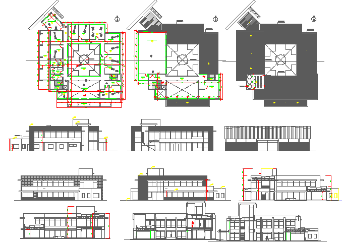 Multi-level office building elevation, section and floor plan details dwg file