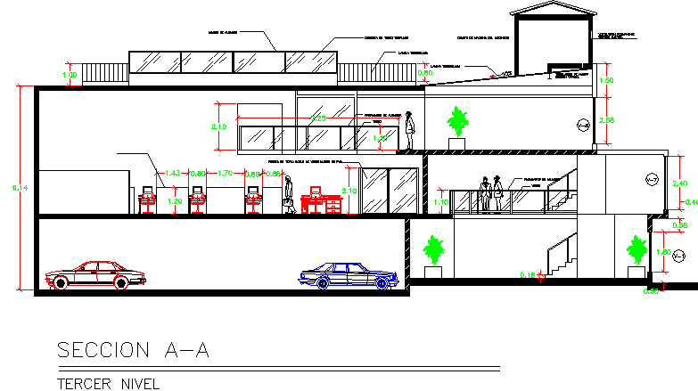 Multi-level office building section A-A details dwg file