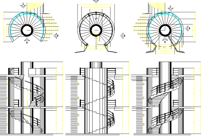 Multi-level office building sectional and floor plan details dwg file