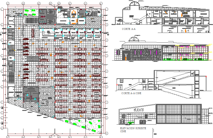 Multi-level shopping center elevation, sections and layout plan details dwg file