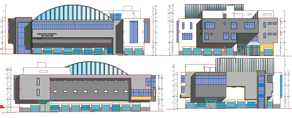 Multi-level shopping center elevation and sectional details dwg file