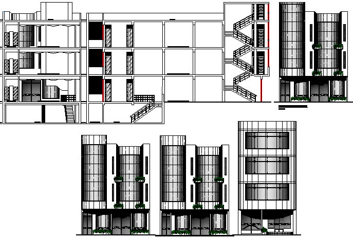 Multi-level shopping center mall elevation and sectional details dwg file