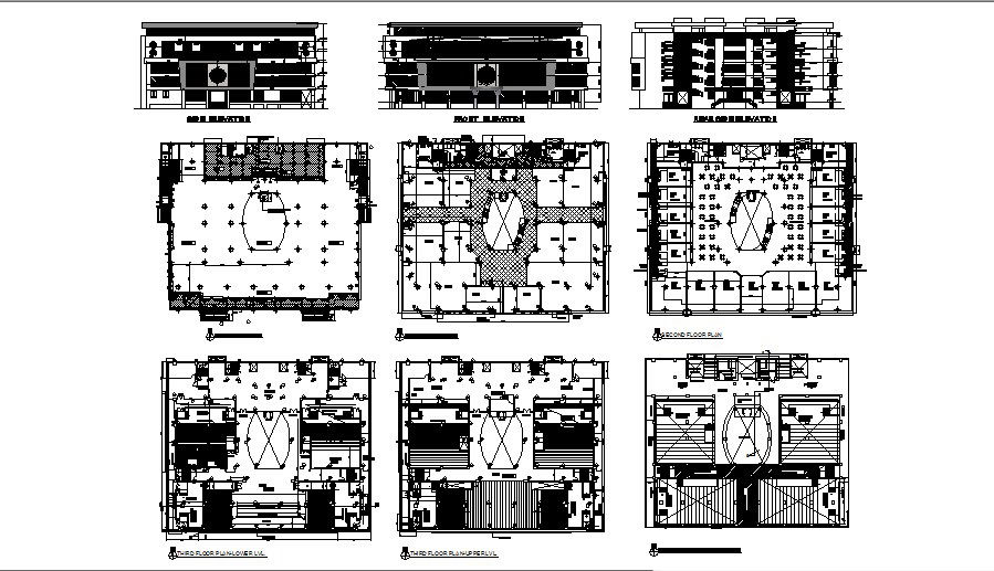 Multi-level shopping mall elevation, section and floor plan details dwg file