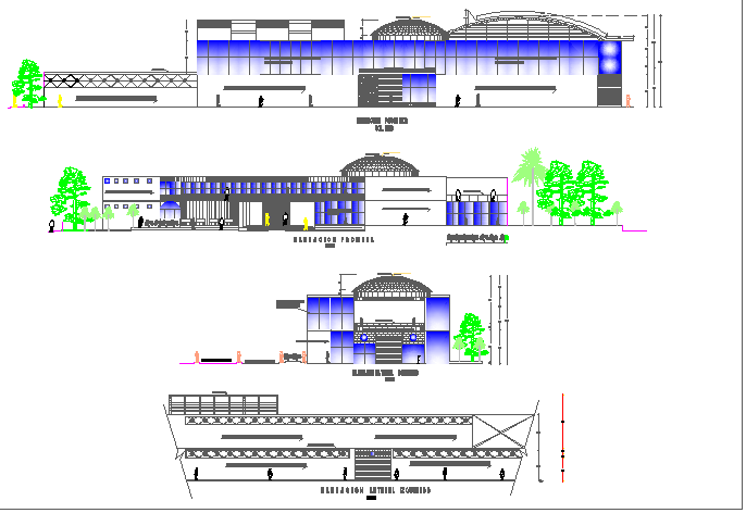 Multi-level shopping mall elevation and cut sectional details dwg file