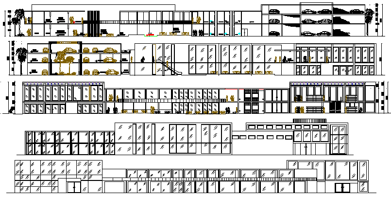 Multi-level shopping mall elevation and sectional details dwg file