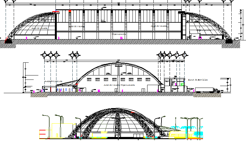Multi-level shopping mall elevation and sectional view dwg file