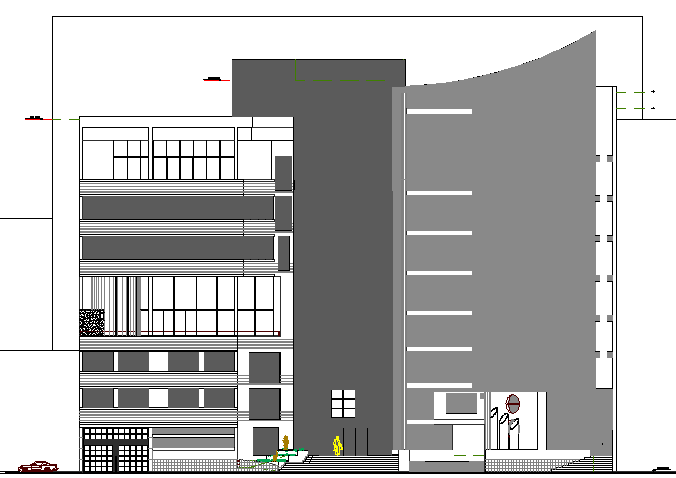 Multi-level shopping mall main elevation details dwg file