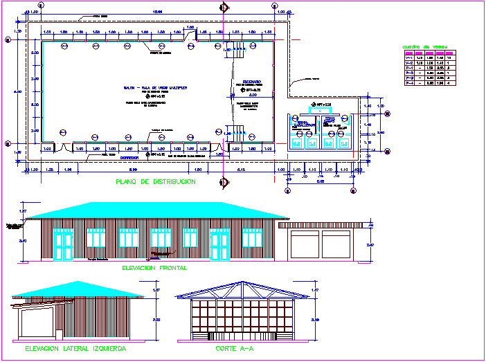 Multi pal use room with distribution plan,elevation and section view and door and window detail dwg file