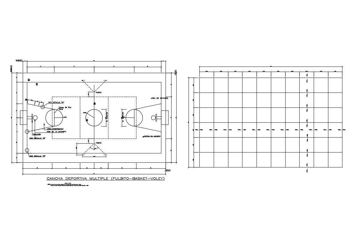 Multi-purpose sports ground section and line cad drawing details dwg file