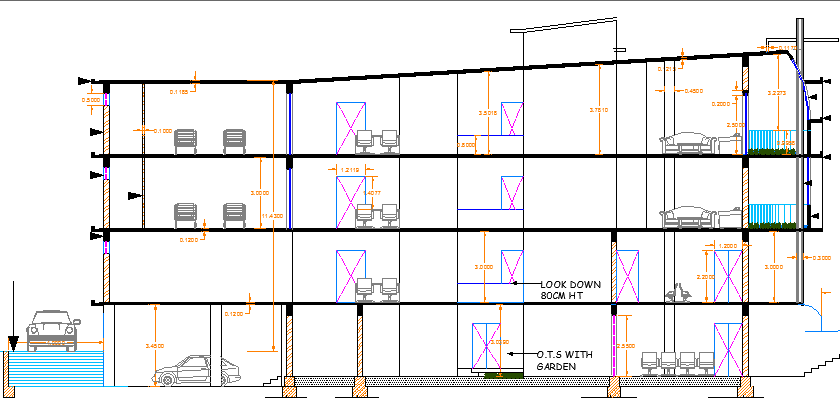 Multi-specialty and multi flooring hospital sectional view dwg file