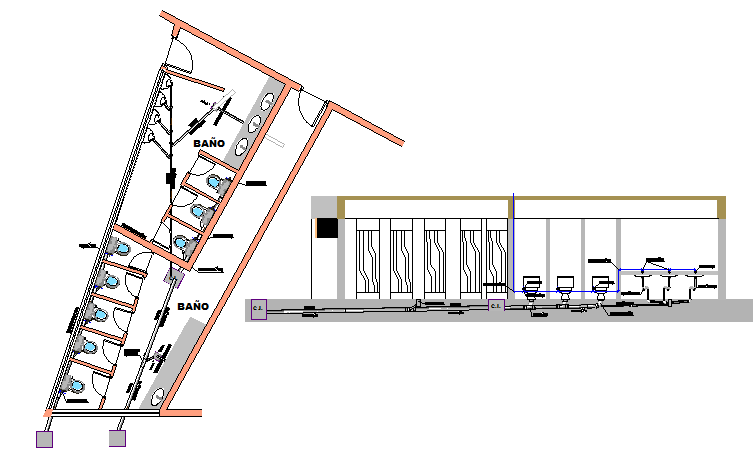 Multi-stall bathroom and toilet installation details of theater dwg file
