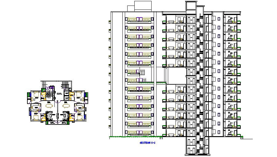Multi-story apartment building main section and plan details dwg file