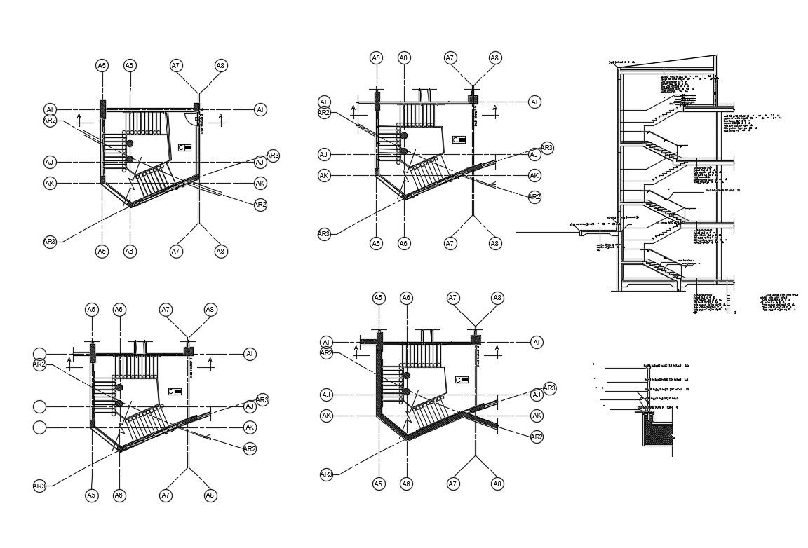 Multi-story building's staircases constructive sectional details dwg file