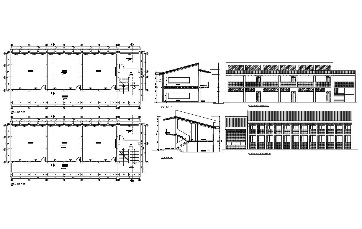 Multi-story college building elevation, section and floor plan details dwg file