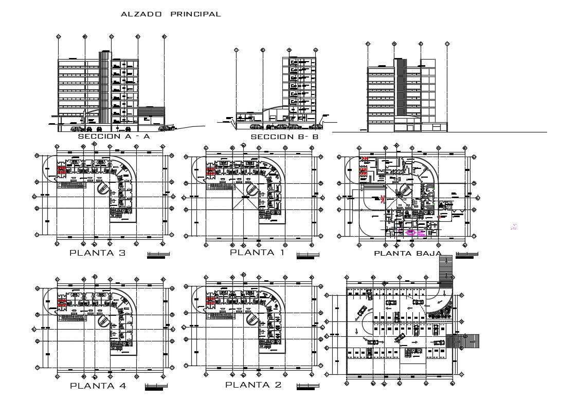 Multi-story hospital building elevation, section and floor plan details dwg file
