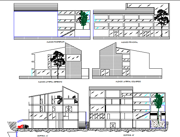 Multi-story hotel building elevation and section details dwg file
