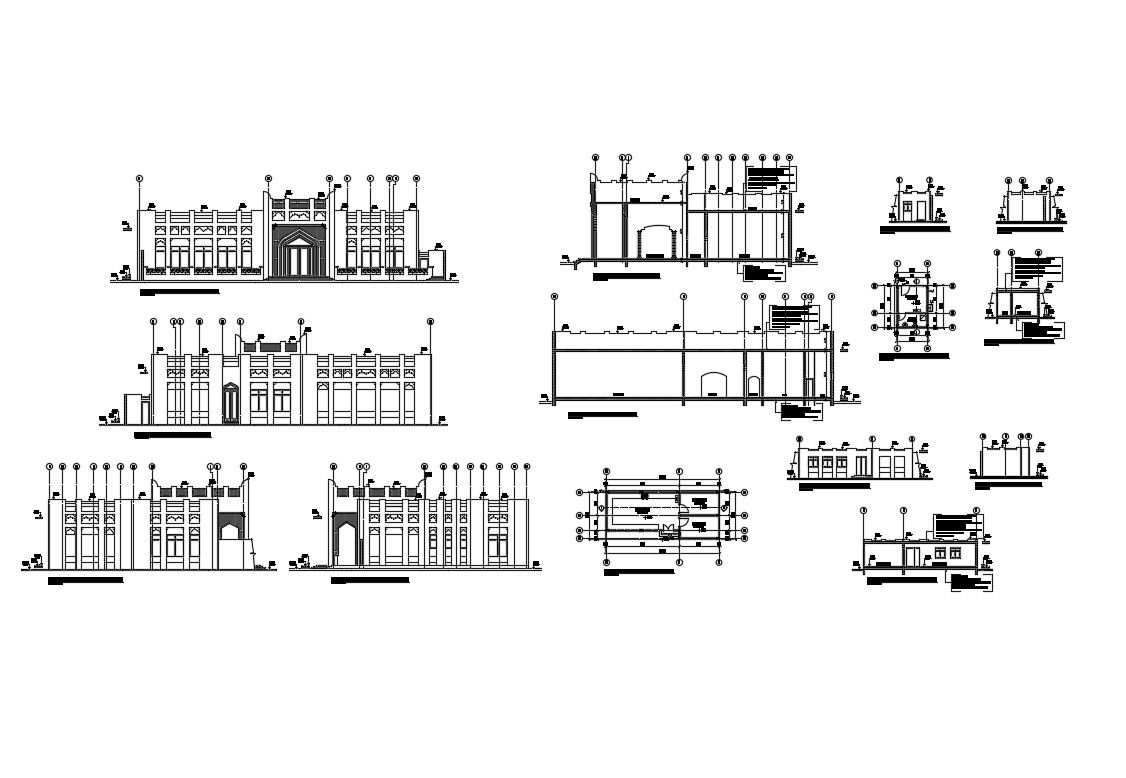 Multi-story house building elevation, section and plan details dwg file