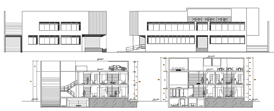 Multi-story local market elevation and sectional details dwg file
