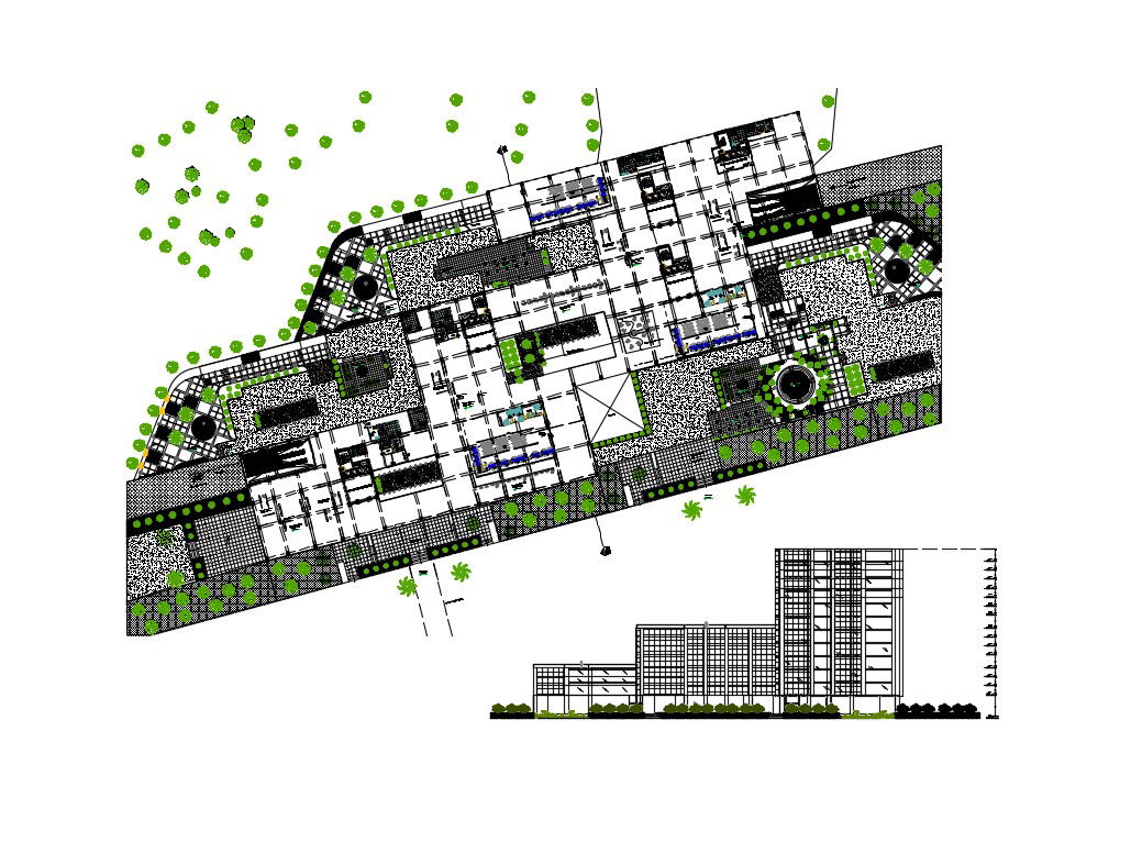 Multi-story luxuries hotel elevation and structure layout plan details dwg file