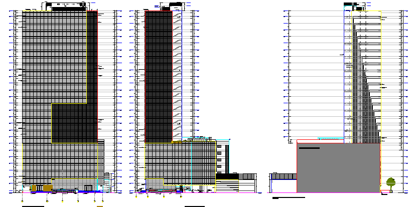 Multi-story office building all sided elevation view details dwg file