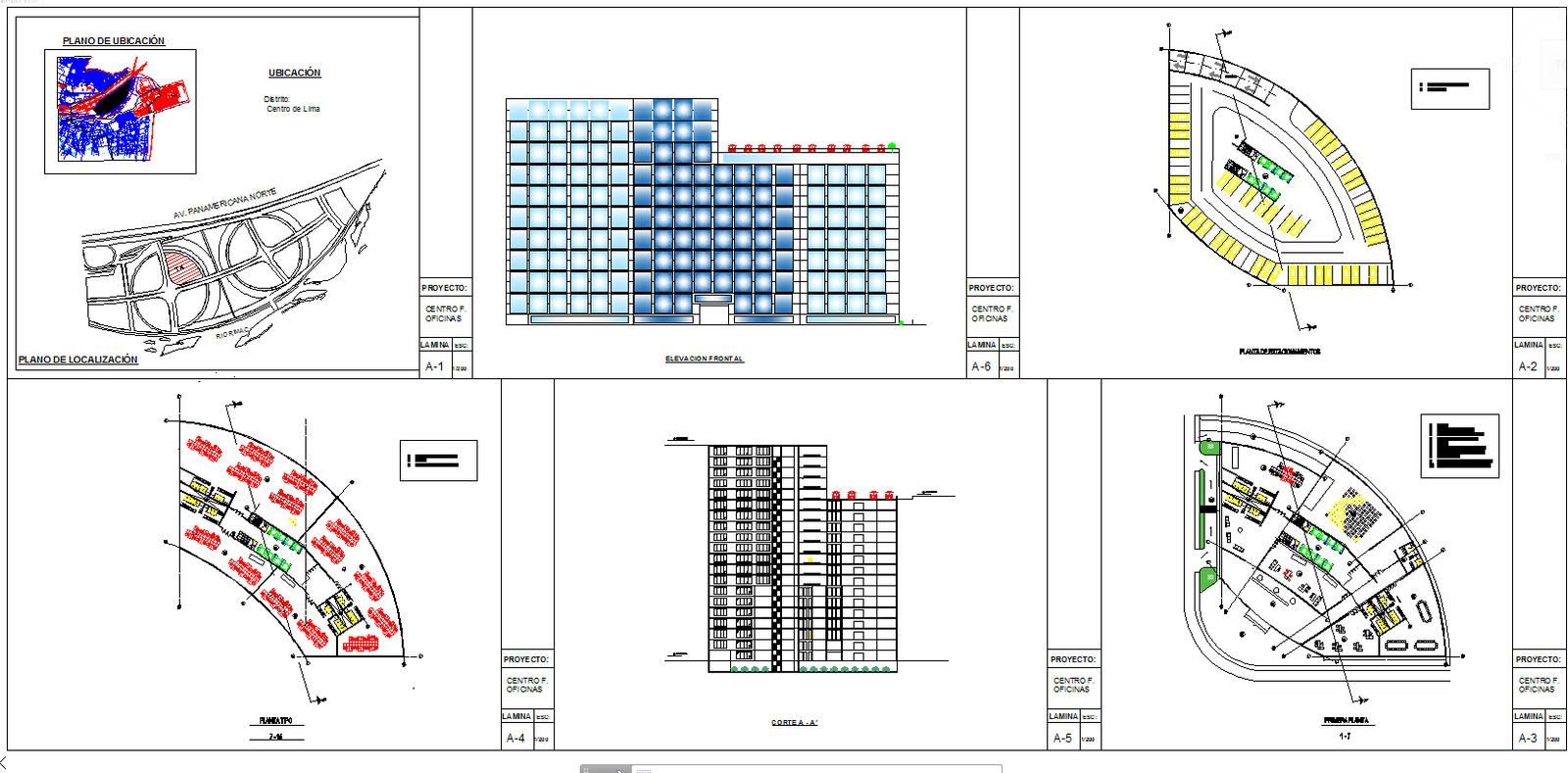 Multi story office building architecture floor plan and elevations detail