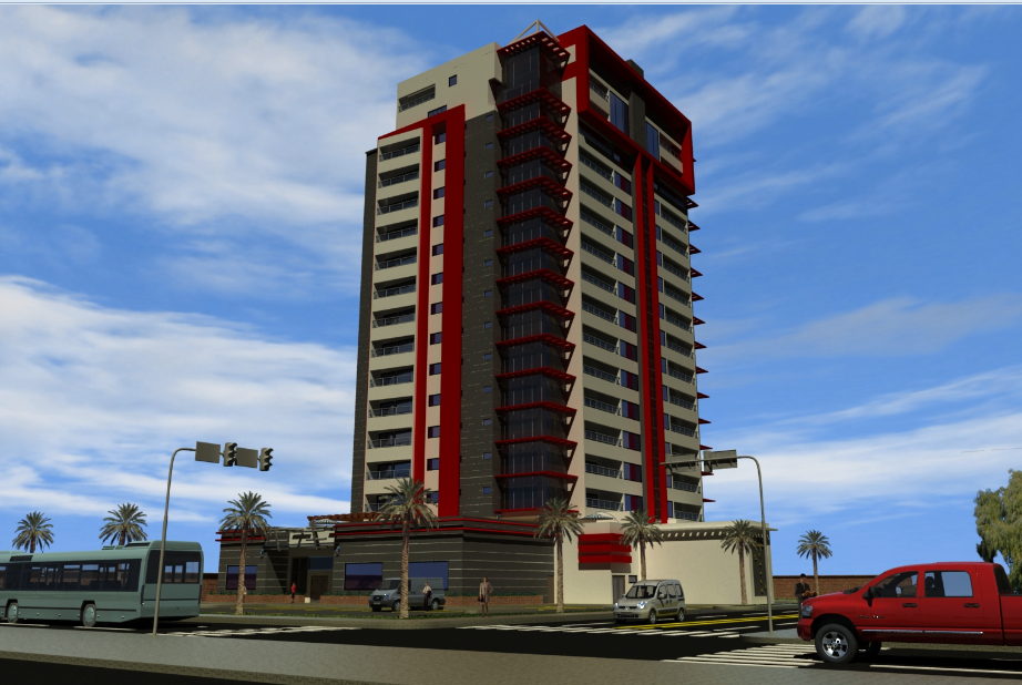 Multi-story office tower building 3d elevation design dwg file
