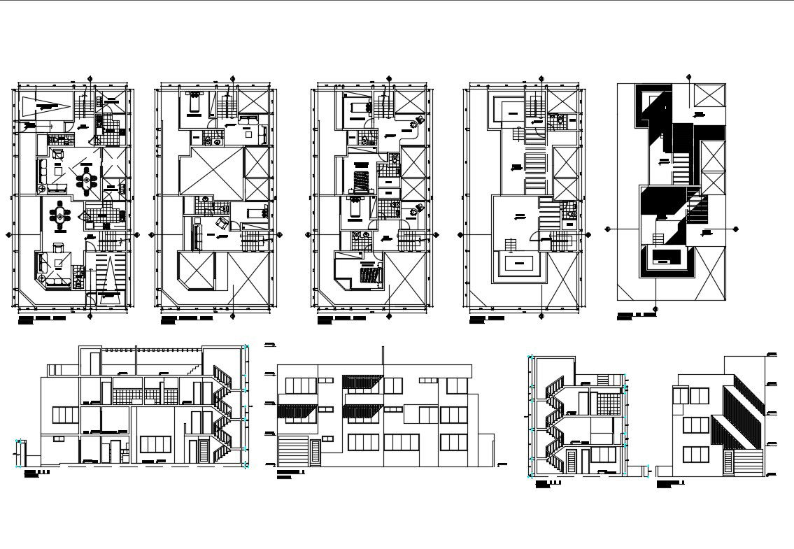 Multi-story residential house detailed architecture project dwg file