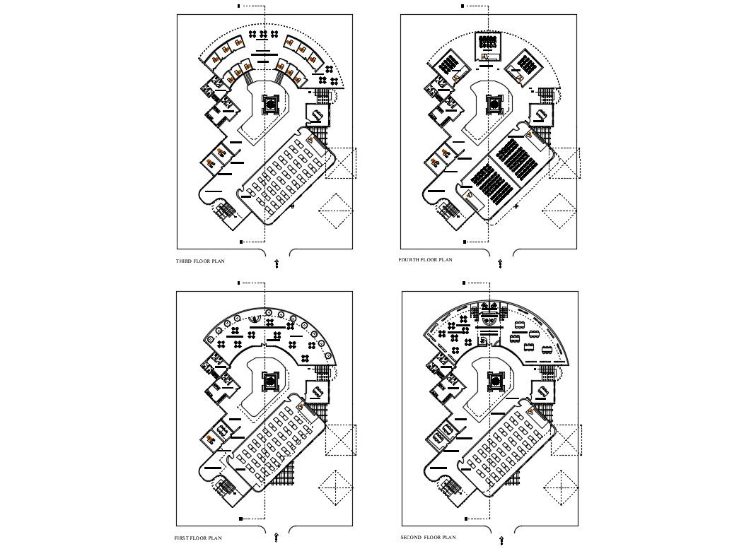 Multi-story school building four floors plan details dwg file