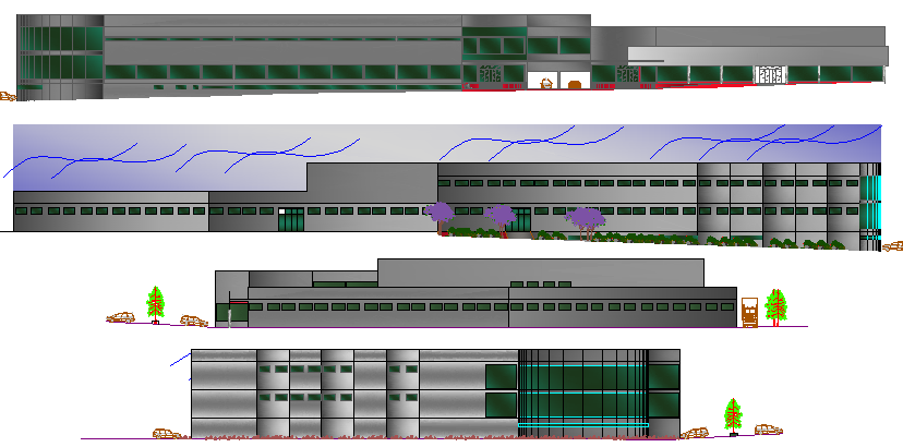 Multi-story shopping center all sided elevation details dwg file