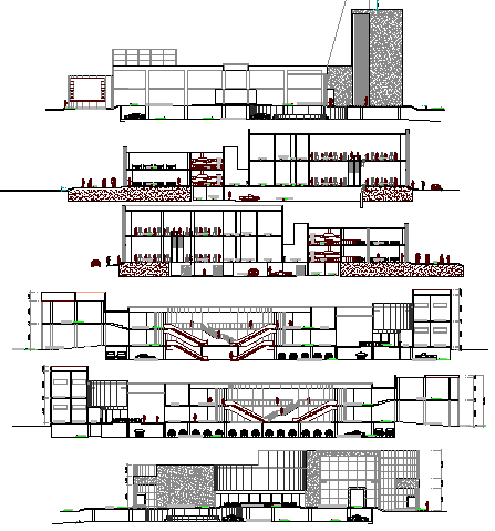 Multi-story shopping center full elevation and sectional details dwg file