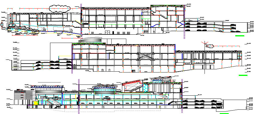 Multi-story shopping mall elevation and sectional details dwg file