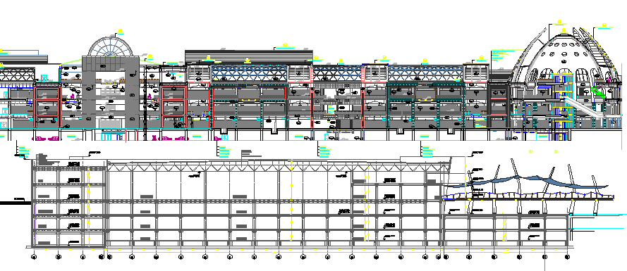 Multi-story traditional type mall elevation and sectional details dwg file