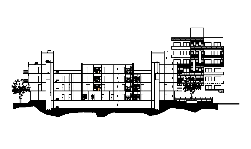 Multi Family Apartment Building Sectional Elevation Drawing Download DWG File