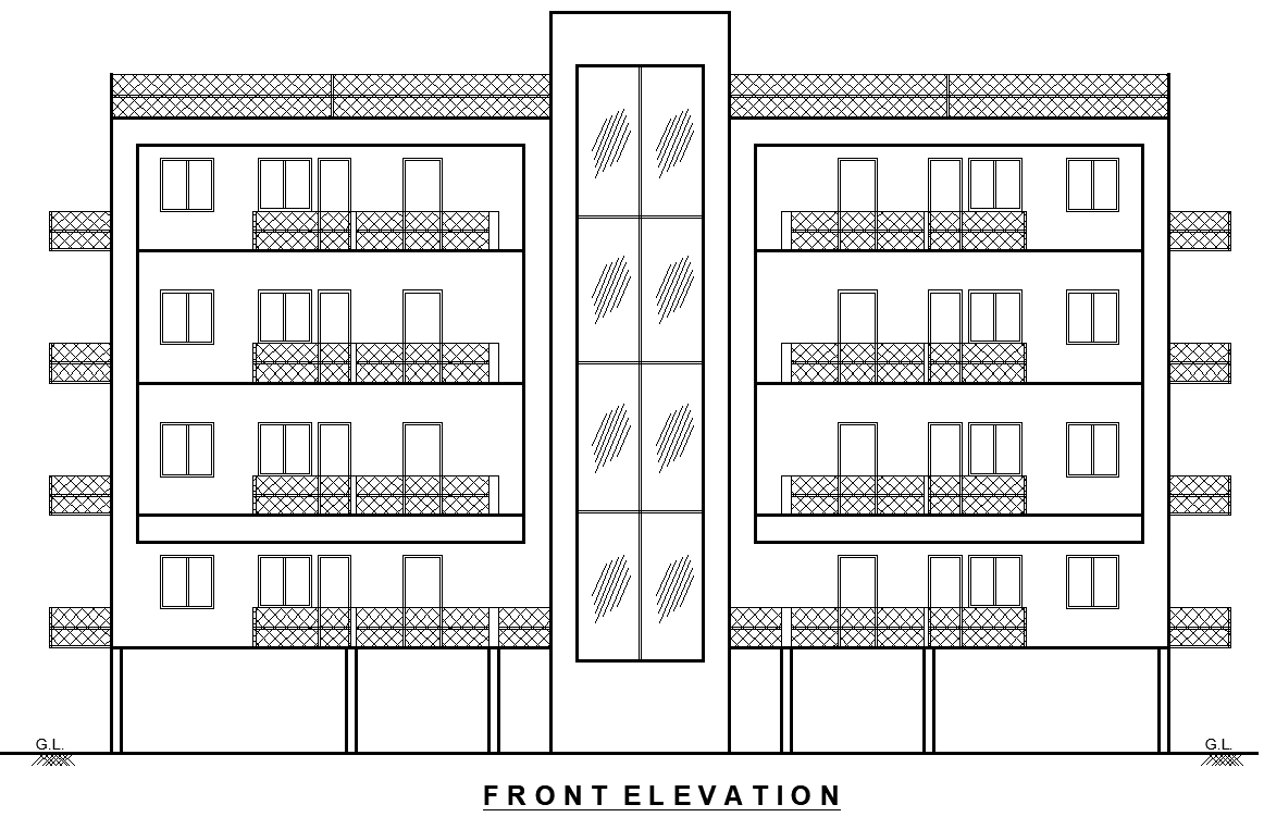 Front Elevation Layout Plan in DWG Multi-Story Residential