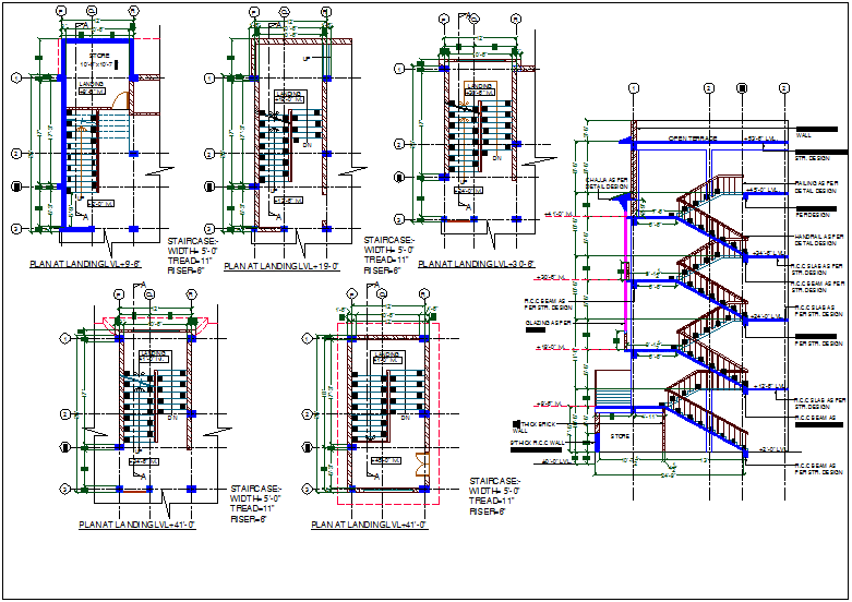 Multilevel stair case view with floor view and construction detail dwg file
