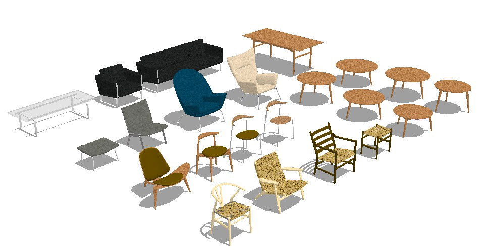 Multiple 3d chair, table and stool blocks cad drawing details dwg file