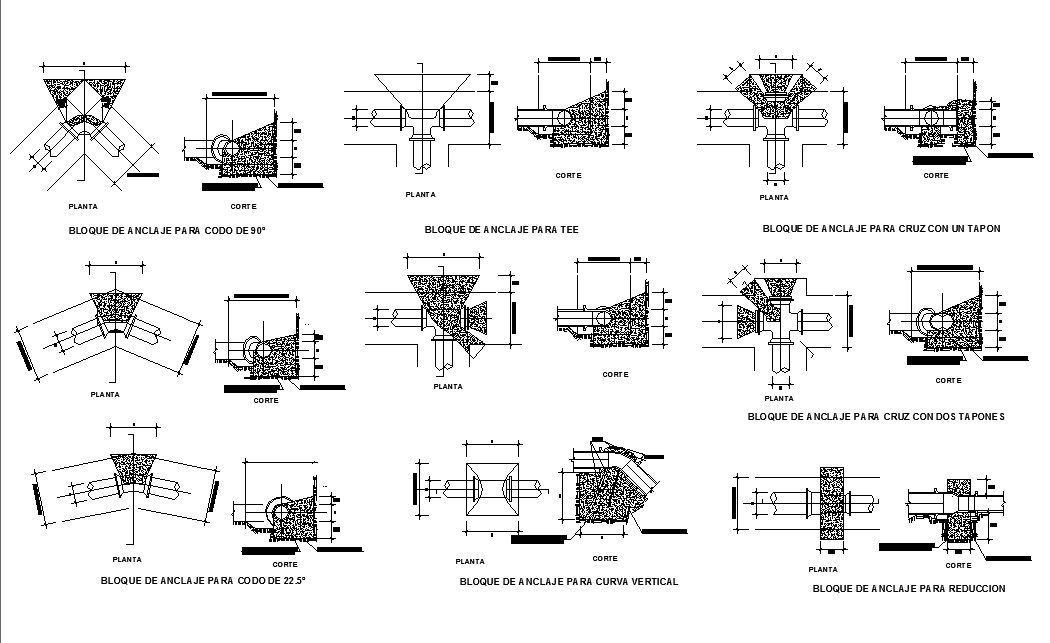 Multiple anchor blocks for tee with plug cad drawing details dwg file
