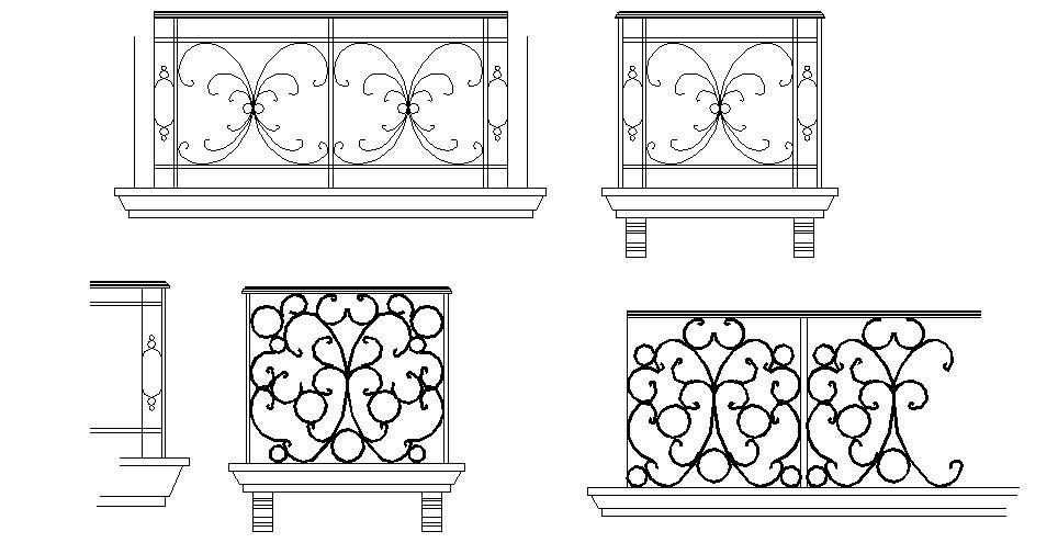 Multiple balcony railing elevation blocks details dwg file