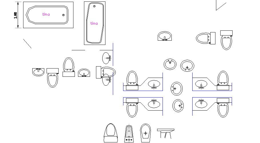 Multiple bath tub and sanitary blocks cad drawing details dwg file