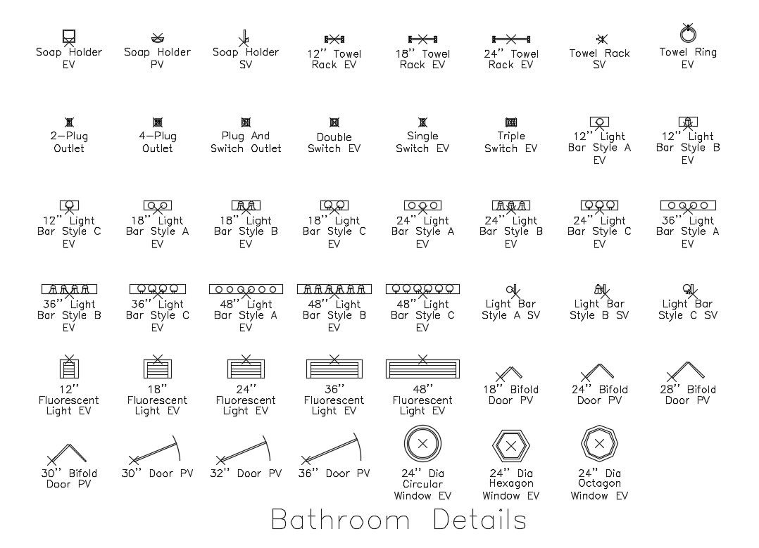 Multiple bathroom equipment blocks cad drawing details dwg file